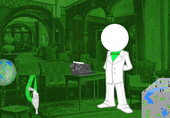 Doc Scratch, a white-suited figure with a smooth white ball for a head, stands beside a typewriter in a green room.