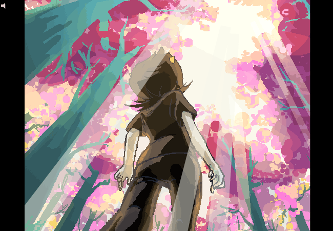 Terezi looks up through towering trees into the blazing sunlight.