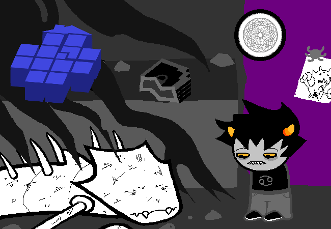 Karkat stands beside his lusus’s crushed body while his glowing kernelsprite floats nearby.