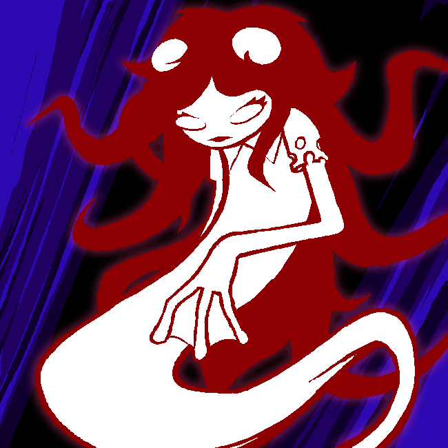 Aradia’s red sprite form floats with frog-like eyes and legs, smiling with her hands together.