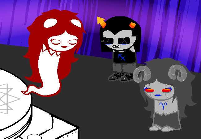 Equius presents a gray robot shaped like Aradia to the floating red Aradiasprite.