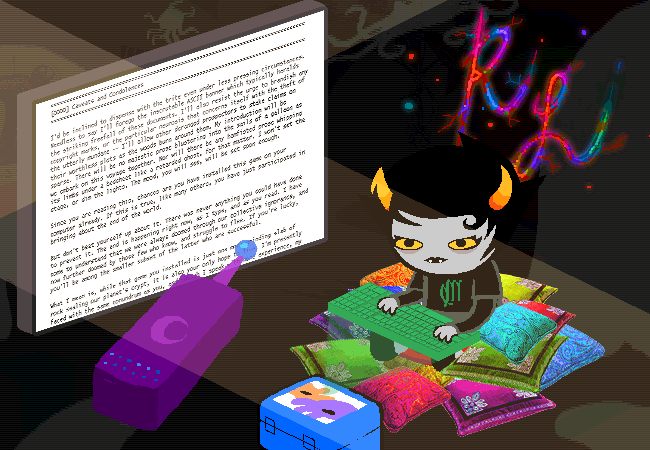 Kanaya sits at her computer reading a long walkthrough while colorful books lie open on her desk.