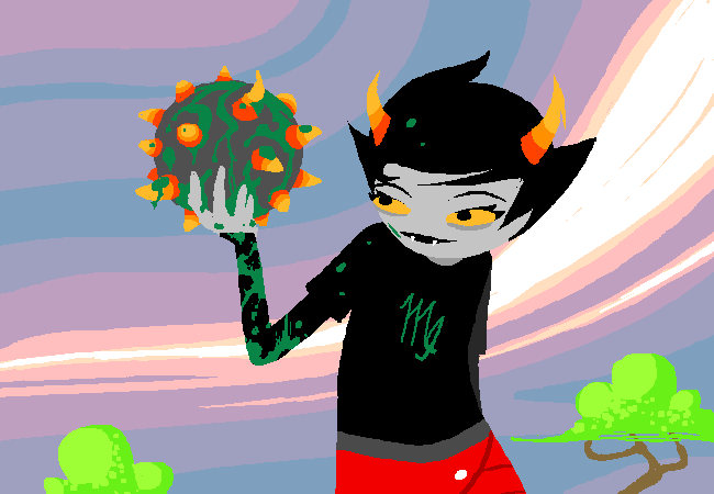 Kanaya holds a horn-covered Matriorb dripping with green blood from her Mother Grub lusus.
