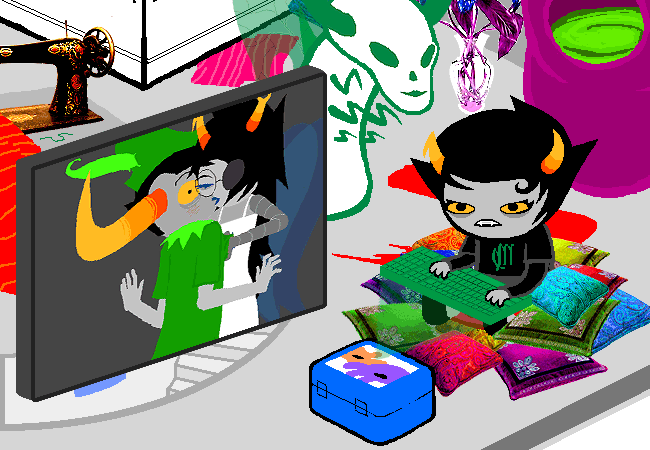 Kanaya watches a computer image of Vriska holding Tavros close while her Mother Grub sprite floats behind her.