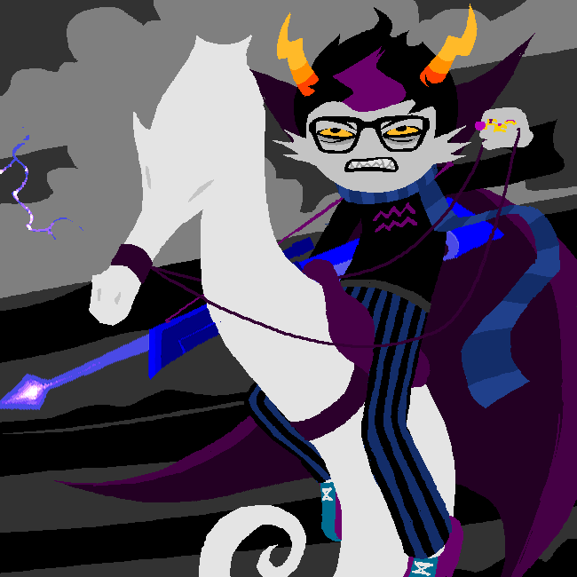 Eridan rides his white seahorse lusus with a long rifle in his hands.