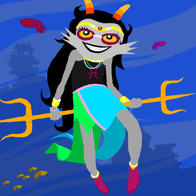 Feferi swims with her golden trident among small cuttlefish.