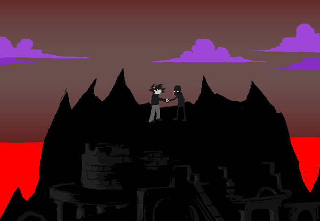 Karkat and Jack Noir shake hands on a jagged black peak overlooking a red landscape.