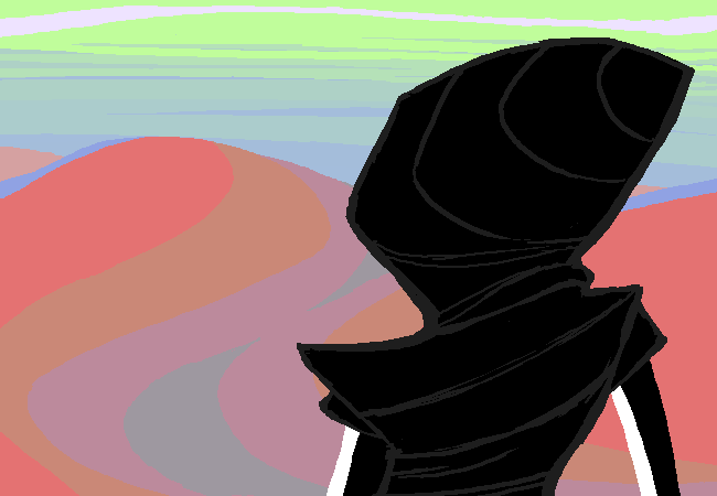 The exiled Black Queen’s dark profile appears against flashes of green and pink light.