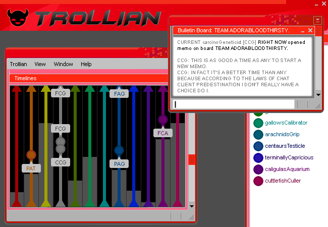 Trollian displays twelve colored timelines beside a memo window and a list of troll handles.