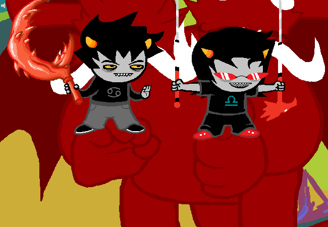 Karkat raises a glowing red sickle while Terezi holds two cane swords, both fighting atop a huge red monster.