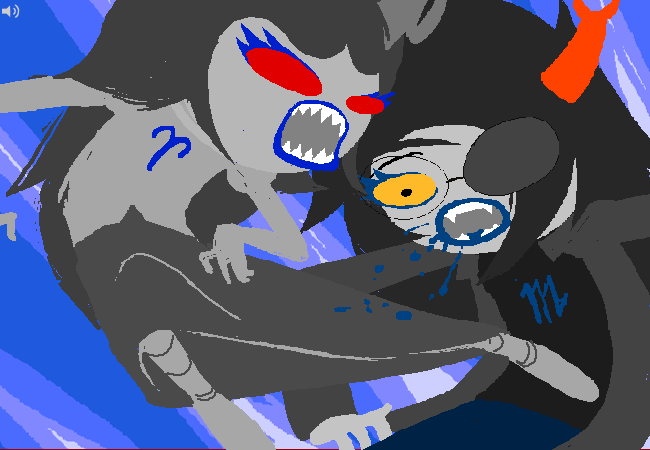 Aradiabot grips a frightened Vriska by the collar, shouting in her face.