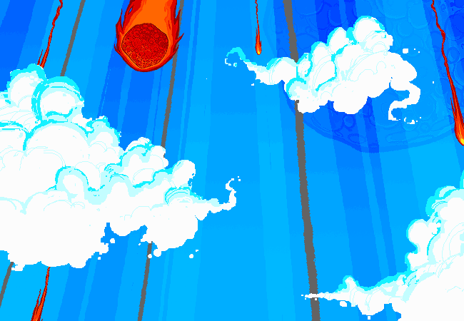 Many copies of Aradiabot gather in Skaia’s blue sky among clouds and falling meteors.