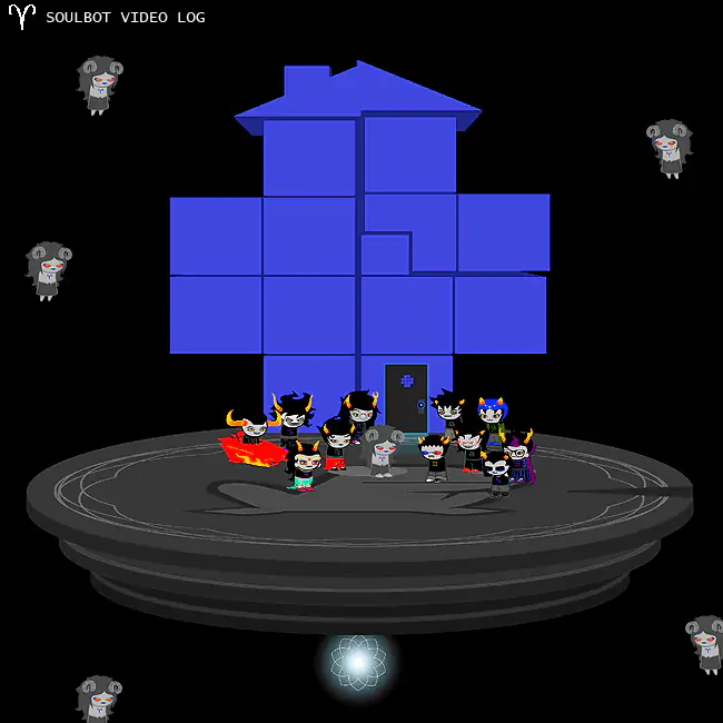 The trolls gather before a large blue door while Aradiabots hover around the circular platform.