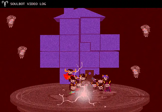 A bright crack of energy erupts on the platform between the trolls and their blue door.