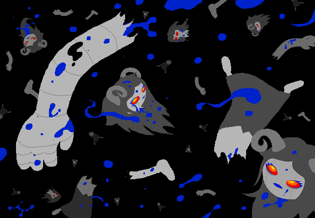 Broken Aradiabot bodies and blue blood drift through black space.