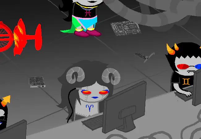 Aradiabot, Karkat, and Feferi work at computers in a dim meteor laboratory.