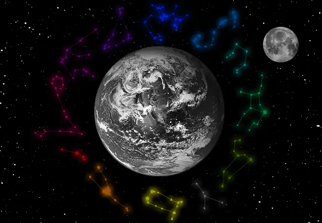 Earth and its moon appear in space, surrounded by twelve colored zodiac constellations.