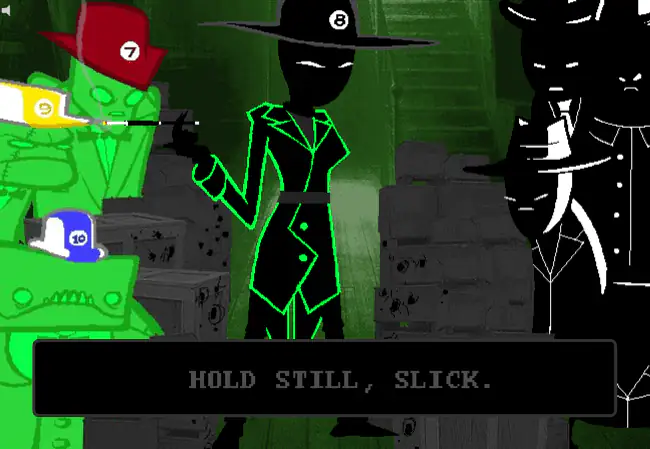 Snowman holds a cigarette holder beside Spades Slick and says, “HOLD STILL, SLICK.”