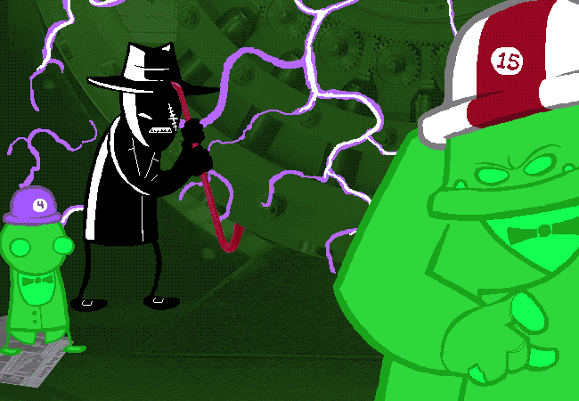 Purple lightning surrounds Spades Slick as he uses a red crowbar, with Clover and Cans nearby.